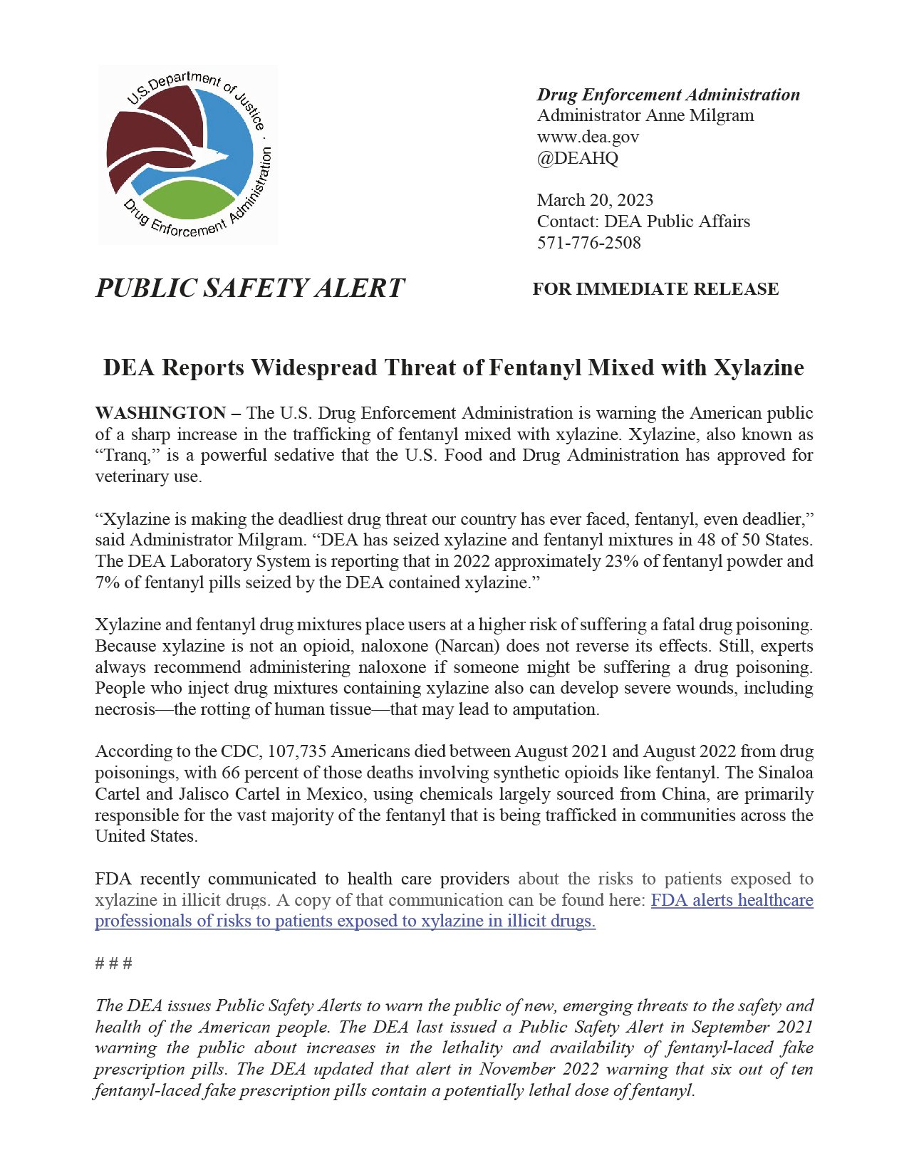 DEA Issues Public Safety Alert on Xylazine-01